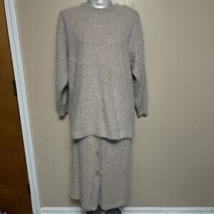 Vintage Jules Desinger Sweater Skirt Set Size L Angora Wool Blend Beige Knit